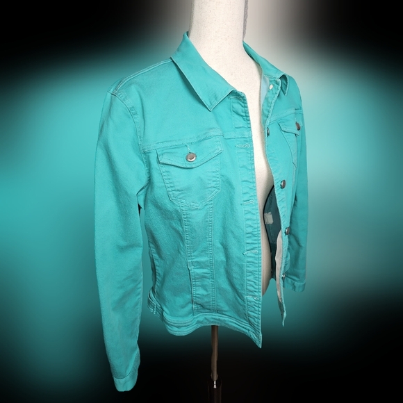 Tribal Jeans Teal Stretchy Jean Jacket Brushed Silver Buttons - Picture 4 of 11